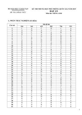 Kỳ thi trung học phổ thông quốc gia năm 2015 đáp án môn thi Tiếng Anh